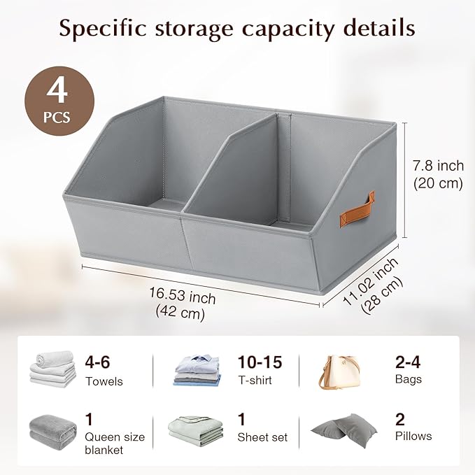 Homsorout Closet Organizers and Storage Bins - 4 Pack Collapsible Divided Trapezoidal Cube Storage Bins Baskets For Organizing Clothes Blankets,Toys, Books, Towels(Light Grey)