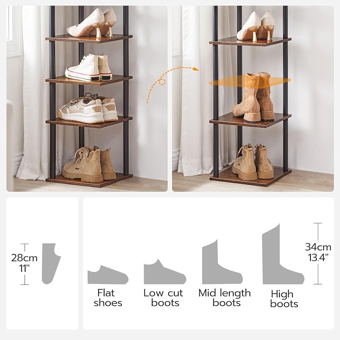 HOOBRO Vertical Shoe Rack, 8-Tier Narrow Shoe Shelf, Shoe Storage Organizer for Small Space, 11" L x 11" W x 53" H, Closet, Entryway, Hallway, Bedroom, Rustic Brown and Black BF22XJ01