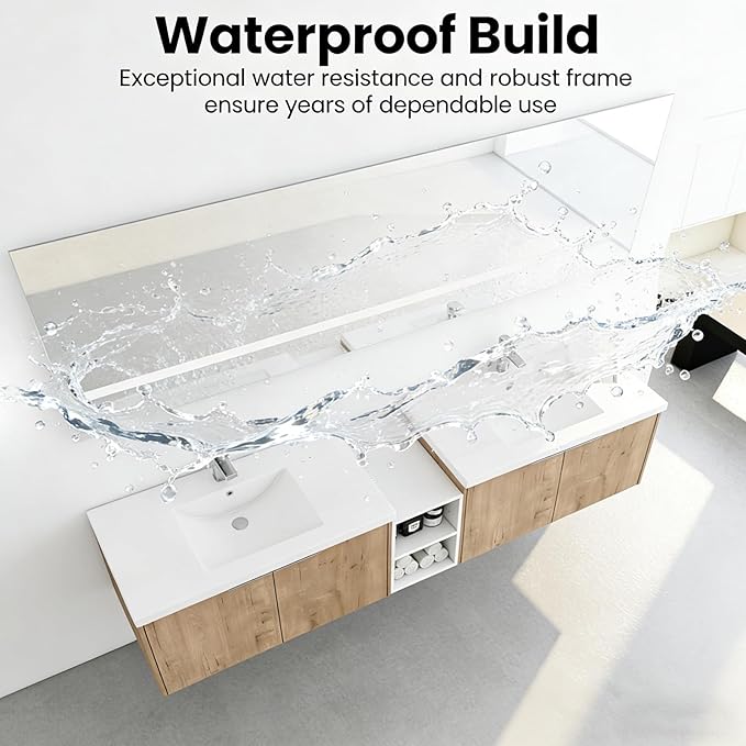 64IN Bathroom Vanity with Double Sink, Modern Solid Wood Floating Bathroom Sink Cabinet, Anti-Fog Mirror, Smart Storage Solutions, Waterproof Design, Open Shelving for Easy Access