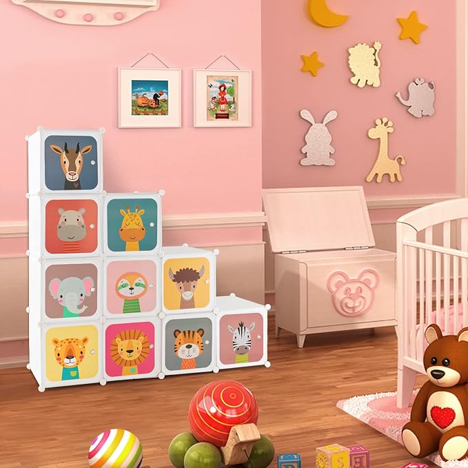 Costzon Kids Closet, Cartoon DIY Modular Dresser Storage Organizer with 12 Cubes & 2 Clothes Hanging Rack, Portable Armoire for Baby Toddlers, Kids Wardrobe for Bedroom Nursery (White)