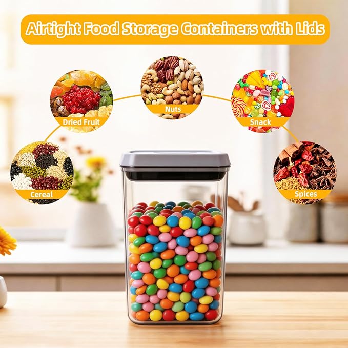 Pop Airtight Food Storage Containers with Lids, Push Button Seal BPA-Free for Kitchen Pantry Organization, 3 Pcs 0.65Qt/0.7Qt/1.8Qt for Cereal, Flour, Sugar, Snacks Dry Food Storage