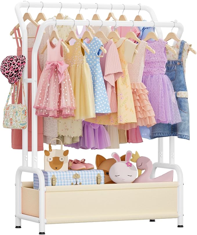 Kids Clothing Rack with Double Hanging Rods and Storage Basket | Child-Height Dress Up Storage for Toddler, Open Kids Closet for Baby Clothes, Costumes, Shoes and Toy, Bedroom Nursery