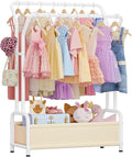 Kids Clothing Rack with Double Hanging Rods and Storage Basket | Child-Height Dress Up Storage for Toddler, Open Kids Closet for Baby Clothes, Costumes, Shoes and Toy, Bedroom Nursery
