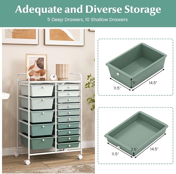 RELAX4LIFE 15-Drawer Storage Drawer Carts - Mobile Rolling Utility Cart | 34.5"H White Metal Frame, Gradient Green Drawers, Rolling Wheels; Classroom School Office Home Craft Utility Storage