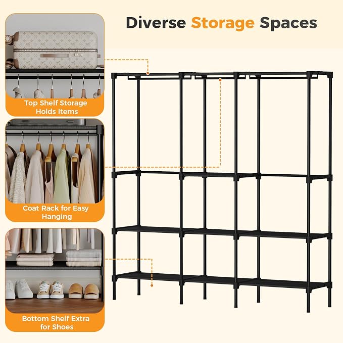 OLIXIS Heavy Duty Clothes Rack, Portable Wardrobe Closet, 75" L, Black | Freestanding Closet Organizer with Hanging Rods, Clothes Rack with Shelves, for Cloakroom, Bedroom