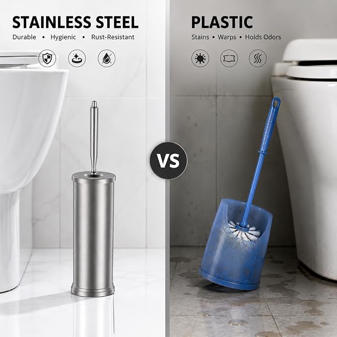 Stainless Steel Toilet Brush and Holder Set : Weighted Stable Base, Removable Inner Tube.Long Handle Toilet Bowl Brush Splash-Proof Design for Deep Cleaning & Space-Saving Storage,Nickel