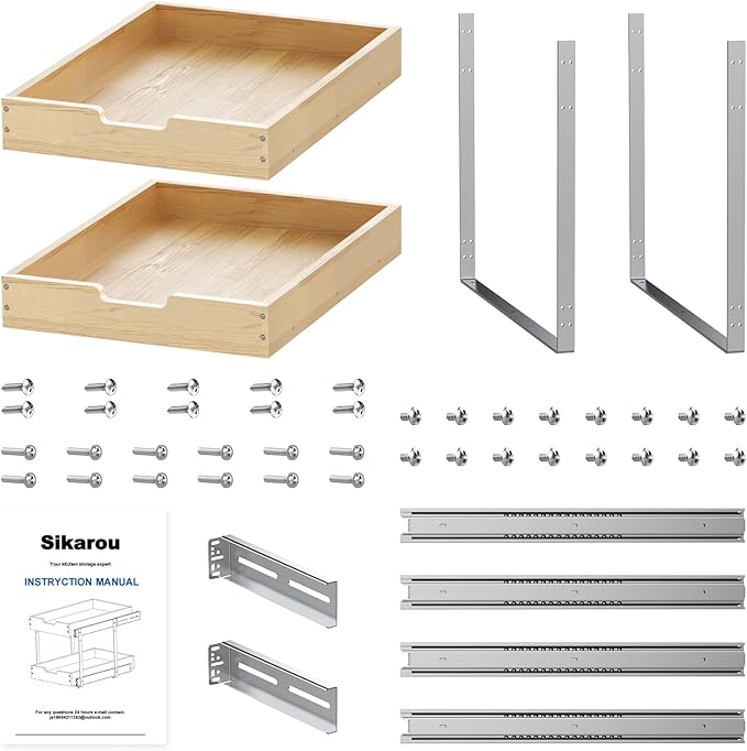 Sikarou Wood Pull Out Cabinet Organizer 2 Tie 17" W x 21" D, Heavy-Duty Sliding Drawers for Inside Cabinets Storage and Organization for Kitchen, Pantry, Bathroom