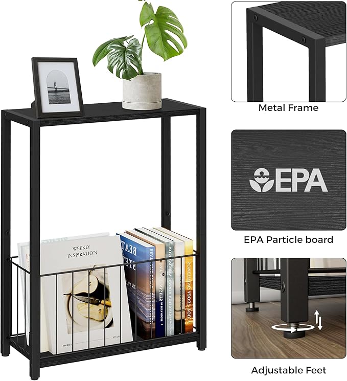 Homleke Narrow Side Table with Magazine Holder, Skinny End Table | Space-Saving Design, Small Spaces, Storage Shelf, Metal Frame, Easy Assembly, 7.1" D x 16.9" W x 23.6" H, Black