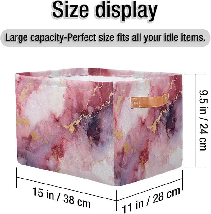 Rectangular Storage Baskets Abstract Pink Marble Fabric Storage Bin Toy Organizer Box with PU Leather Handles for Room Decor