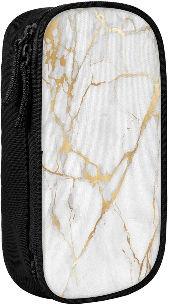 Perinsto Golden And White Marble Print Pencil Case Big Capacity Multi Compartment Stationery Box Pencil Pouch Holder Desk Organizer For School Office Home