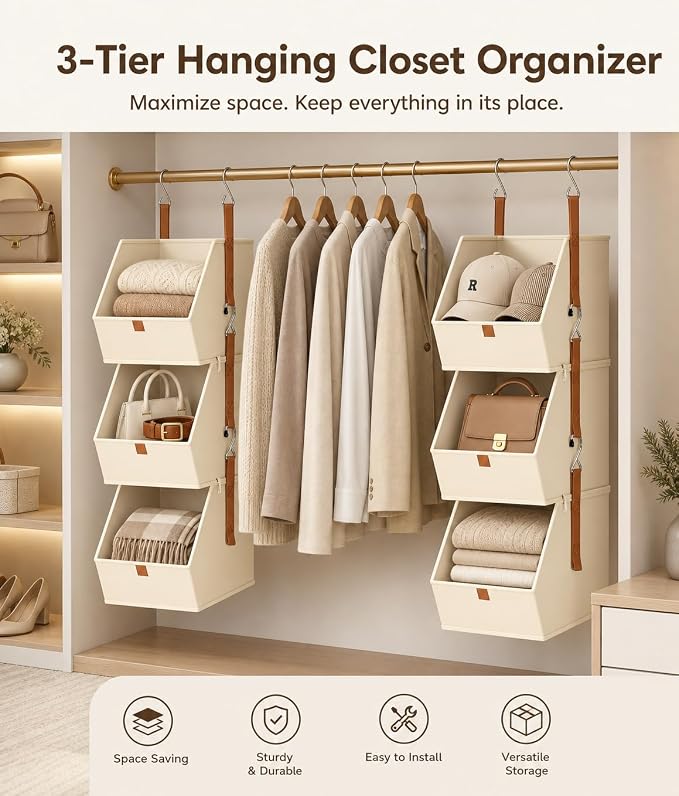 Hanging Closet Organizer 3 Tier - Hanging Shelves for Closet, Fabric Closet Organizers and Storage, Space-Saving Clothes Organizer System, Collapsible Bins for Home, Bedroom, Dorm, RV (6 Pack)