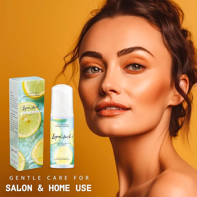 Lyon Lash Eyelash Extension Shampoo (Lemon), Oil Free Foam Cleanser Kit | Remove Eye Makeup & Oil & Dust | Professional Salon And Home Use (60ml + 1 mascara wand + 1 cleansing brush)