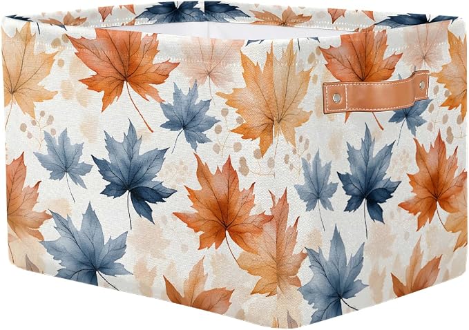 Rectangular Storage Bins Blue Orange Maple Leaves Collapsible Fabric Storage Basket Organizer with Handles for Nursery Bedroom Bathroom