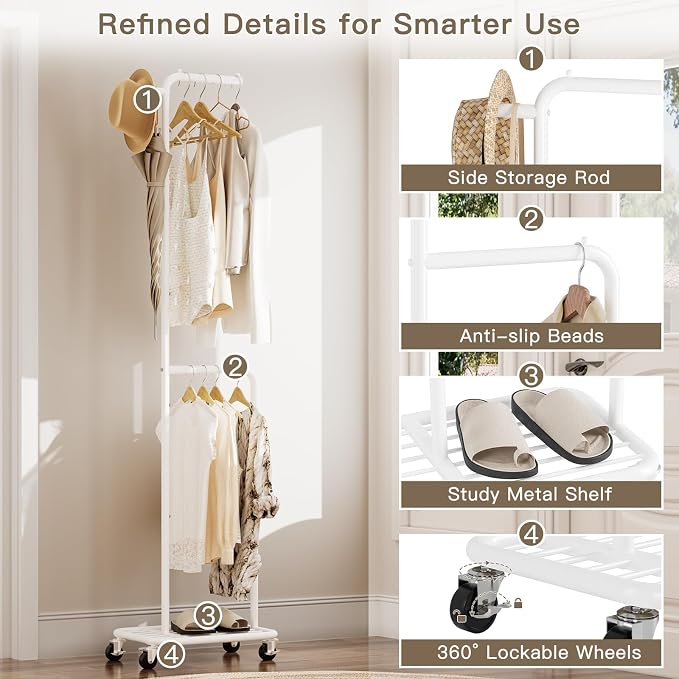 Small Rolling Clothing Rack with Shelf, Narrow Clothes Rack with Wheels | Gasvadivum 71" Tall Sturdy Metal Garment Rack with Hanging Rod, Freestanding Portable Coat Rack for Bedroom, Entryway, White