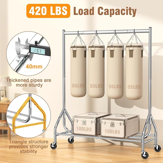 EAGMAK Heavy Duty Clothes Rack Load 420 LBS, 47.2" Long Rolling Garment Rack with Lockable Wheels, Standing Metal Clothing Hanger, Portable Wardrobe Sturdy Coat Organizer for Hanging Clothes (Silver)