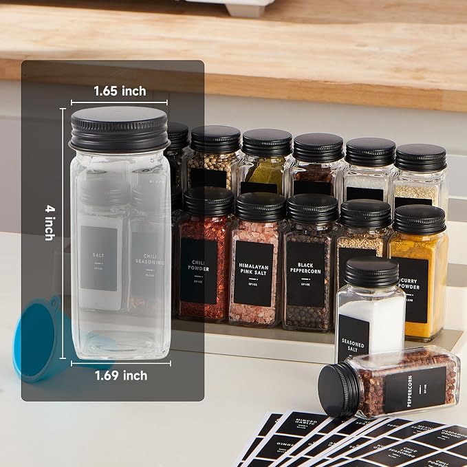 Skiileor 48 Pcs Spice Jars with Label- Glass Spice Jars with Black Metal Caps,Shaker Lids, Funnel, Chalk Pen 4oz Seasoning Containers Bottles for Spice Rack, Cabinet, Drawer