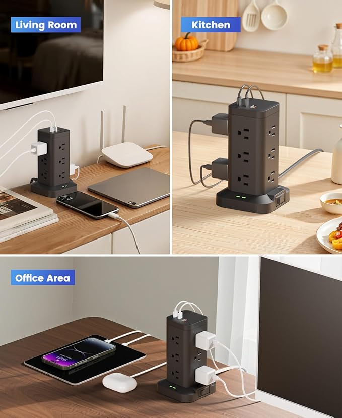Power Strip Tower with Surge Protector 1800J, Fast Charging Tower PD20W USB-C Ports with 12 AC Outlets, Extension Cord for Home Office Dorm Room, 10ft, Black