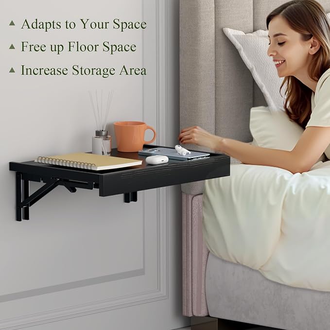 TEAMIX Wall Mounted Folding Bedside Shelf, Black Wood Floating Nightstand Table with Heavy-Duty Brackets, 16.5''x12'' Space Saving Bed Side Tray Storage for Bedroom, Living Room, Dorm (Black, Basic)