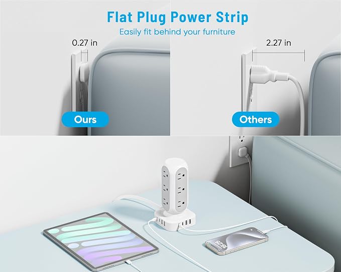 TenTrend Power Strip Tower, 4.8A Fast Charging Tower, 5 FT Extension Cord | 12 AC Outlets & 8 USB Ports (4USB-C), Flat Plug Charging Station for Home, Office, Dorm Room