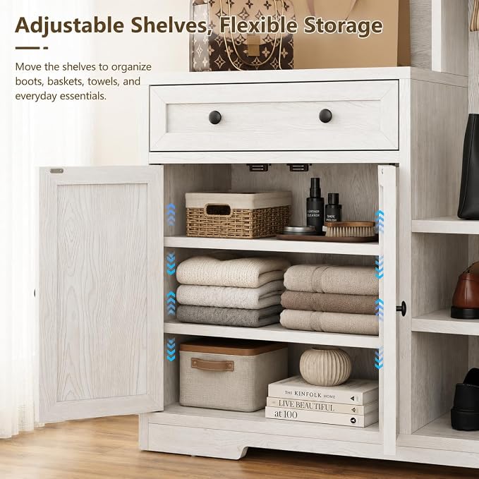 Einhomn 5-in-1 Hall Tree with Bench and Shoe Storage, 51" W Entryway Organizer Coat Rack with 9 Hooks, 2 Storage Cabinets, Drawer, Open Cubbies for Mudroom, Hallway, Living Room, Rustic White