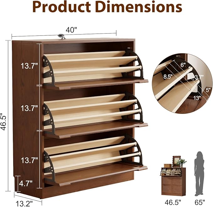 WoodsWhisper Solid Wood Shoe Cabinet for Entryway with 3 Flip Drawers, Narrow Shoe Organizer with Breathable Slatted Doors, Freestanding Hidden Shoe Rack for Hallway (Walnut, 39" W)
