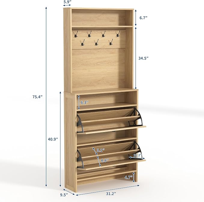 Garvee Shoe Cabinet with 2 Flip Drawers, 2-in-1 Hall Tree Shoe Storage Cabinet with Adjustable Shelf, Hidden Shoes Rack with Anti-Tipping Kit, Freestanding Shoes Rack for Entryway Hallway