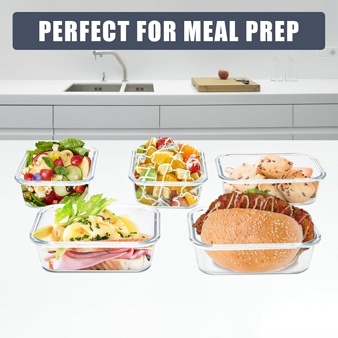 6pack 22oz Glass Meal Prep Containers with Airtight Lids, Lunch Containers | Portion Control Containers Set, Glass Food Storage Containers with Snap Lids, Freezer to Microwave Safe, Dishwasher Safe
