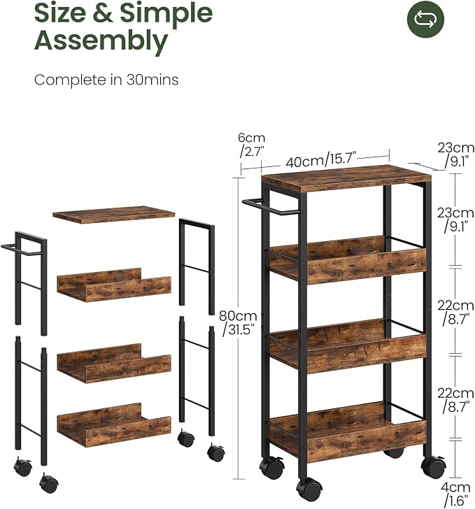 CHOEZON 4-Tier Slim Storage Cart, 9.1'' Kitchen Serving Trolley, Slim Rolling Cart with Handle and Guard Rails, Slim Cabinet for Small Spaces, for Dining Room, Rustic Brown and Black TTC03BF