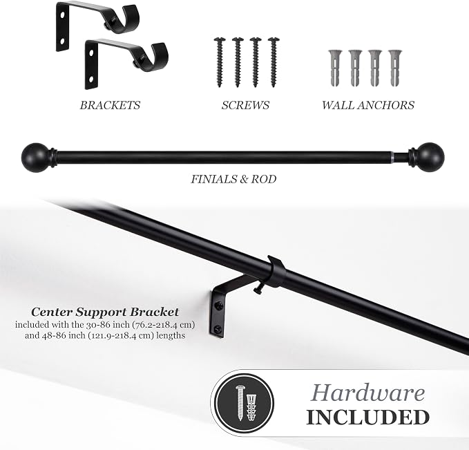 Kenney – Chelsea Curtain Rod, Durable 5/8" Steel Rod with Decorative Ball Ends, Adjustable 30–86" for Light to Medium Weight Curtains, Black