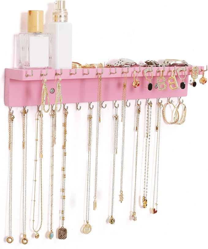 Necklace Holder Organizer Wall Mount,Jewelry Holder Organizer with 30 Hooks,Oak Jewelry Organizer and Storage for Necklaces,Bracelets and Rings (Pink)