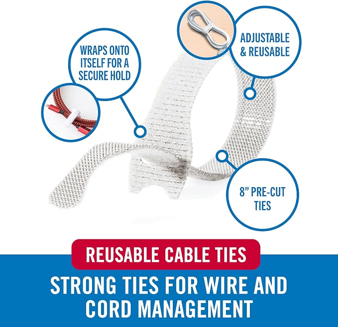 VELCRO Brand White Cable Ties Heavy Duty | 60Pc Bulk Pack | 8 x 1/2" ONE-WRAP Straps | Strong Reusable Wire Management | Cord Bundling for Home Office and Data Centers (Packaging May Vary)