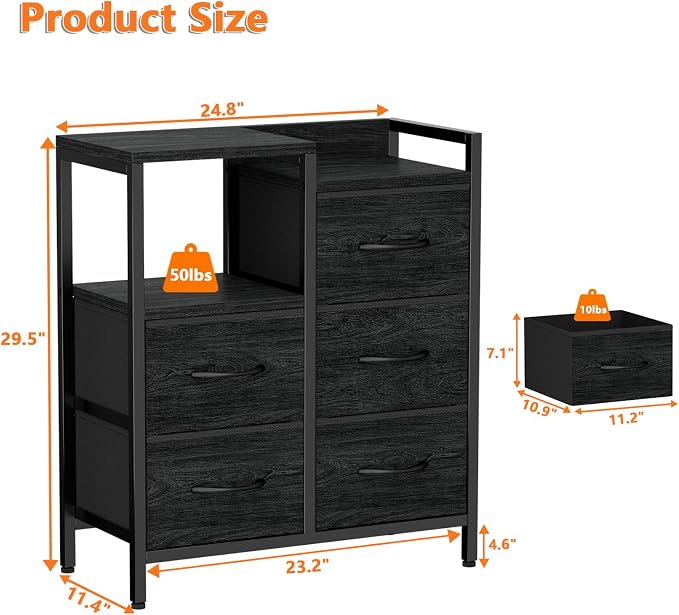 Furnulem Black Dresser for Bedroom, 5 Drawer Small Fabric Closet Dresser | Small Chest of Drawers, Storage Cabinet Organizer with 2 Tier Shelf, Drawer Units with Metal Frame, Dresser for Dorm, Hallway
