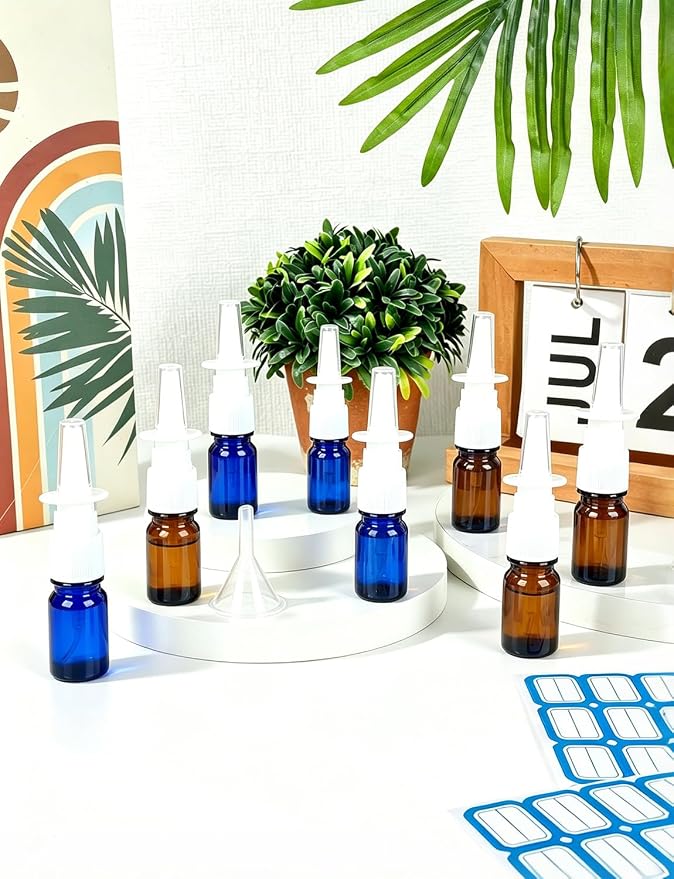20 Pcs Nasal Spray Bottle, 5ML/0.17OZ 12 Pcs Blue Glass Refillable Nasal Spray Bottles Empty with 4 Funnels and 4 Labels