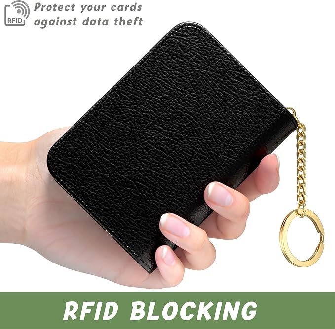 Aiawoxc Credit Card Holder for Women, Small RFID Wallet Slim Leather Business Card Organizer Case with Zipper and Keychain, Black