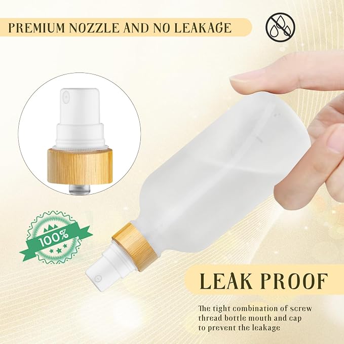 4-Pack 4 Oz Glass Spray Bottle with Bamboo Lid,Empty Refillable Fine Mist Atomizer,Leak-Proof Travel Liquid Holder Container for Cologne,Essential Oils,Room Sprays,Cleaning Solutions (Frosted)