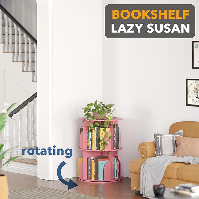 SpaceAid 2 Tier Rotating Bookshelf Tower, Spinning Bookcase Lazy Susan, Revolving 360 Book Shelf Storage Round Carousel, Vertical Rotate Turning Spiral Corner Organizer, Pink