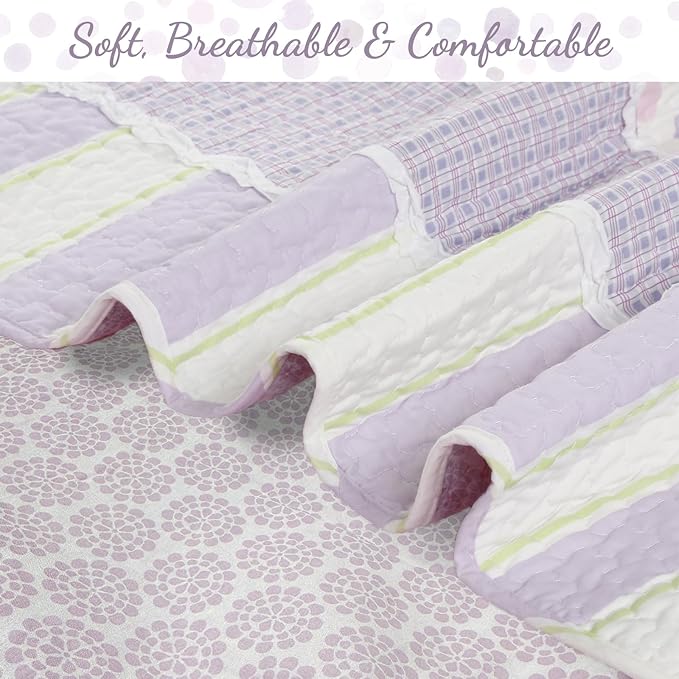 Cozy Line Lavender Green Stripe & Purple Dots Quilt Set – 2-Piece 100% Cotton Reversible All-Season Bedspread with Shams, Girls Kids Bedroom Décor, Twin