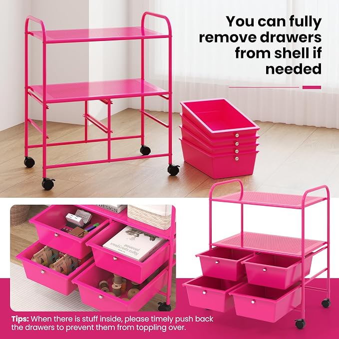 Moccha Rolling Storage Cart with 4 Drawers - Storage Drawers Organizer with wheels for Craft Art Supply Paper Salon, Scrapbook Paper Tools, Movable Utility Cart for Classroom School Studio, Hot Pink