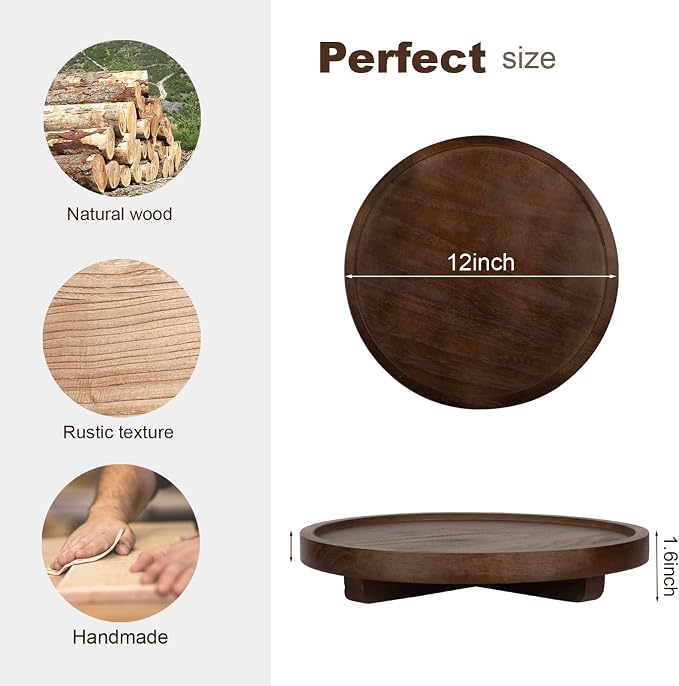 Round Decorative Tray Farmhouse Kitchen Decor Soap Dish, 12" Walnut | Waterproof, Lightweight, Easy Clean, Wood Riser Pedestal Stand Accessories for Office Desk, Vanity, Counter, Sink