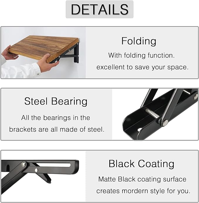 Folding Shelf Brackets - 18 inch 4 Pcs DIY Wall Mounted Shelf Brackets for Garage Workstation, Stuff Supports, Plant Stand - Heavy Duty Metal Collapsible Floating Shelf Bracket Black