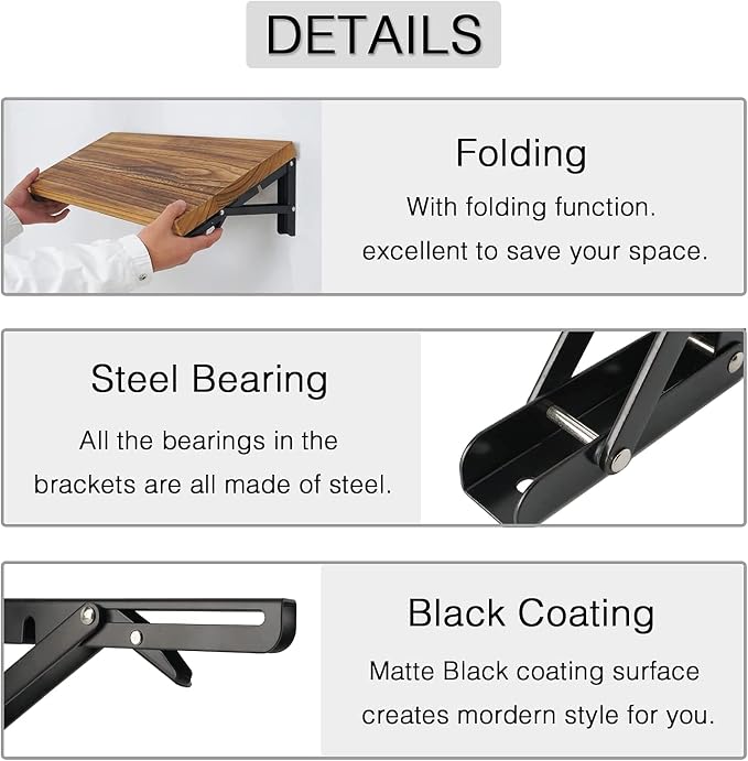 Folding Shelf Brackets - 16 Inch 4 Pcs Heavy Duty Metal Collapsible Shelf Bracket, DIY Wall Mounted Shelf Bracket Space Saving for Table Work Bench (with Screws)
