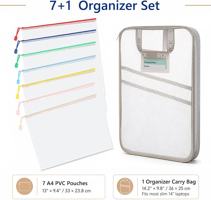 7 Pack PVC Mesh Zipper Pouch Set with 1 Organizer Bag A4/Letter Size Translucent File Bags Water-Resistant Plastic Document Pouches for Office College School & Travel Supplies (8pcs)