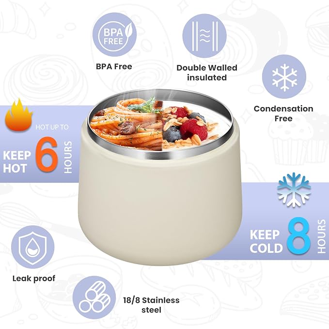 Itslife Soup Thermo for Hot Food Kids 25.5oz Lunch Containers with Buckle Lid Wide Mouth Hot Food Jar Vacuum Insulated Stainless Steel Bento Box Leakproof with Spoon (M-white3, 14oz)
