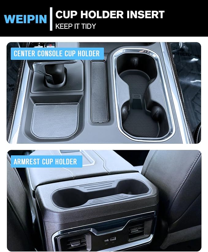 For 2PCS Center Console&Armrest Cup Holder Inserts Compatible with Refreshed Models 2022-2026 Chevy Silverado& GMC Sierra 1500 - Full Console w/Bucket Seats Only