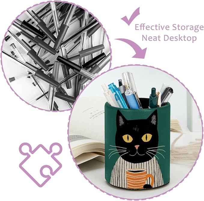 Funny Cat Pen Holder Pencil Organizer for Desk, 3.1” x 3.1” x 3.9” Pencil Cup Office Supplies, Large Capacity Cute Pen and Makeup Brush Holder for Desktop, Home, School