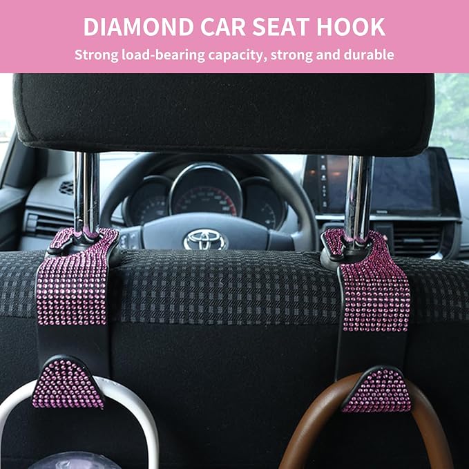4PCS Bling Car Seat Headrest Hooks, Vehicle Back Seat Purse Handbag Hanging Holder with Crystal Rhinestone, Diamond Storage Organizer Hook,Bling Car Accessories for Women (Pink)