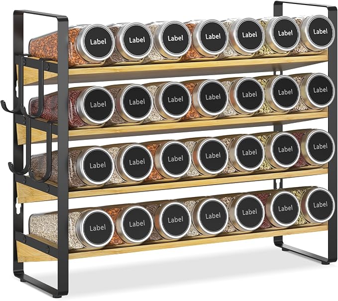 EsLuker.ly Spice Seasoning Rack Organizer Kitchen Countertop, 4 Tier Bamboo Spice Shelf Holder Storage with 4 Hooks, Wall Mounted Freestanding Stand for Pantry, Quick Spice Access(Jars Not Included)