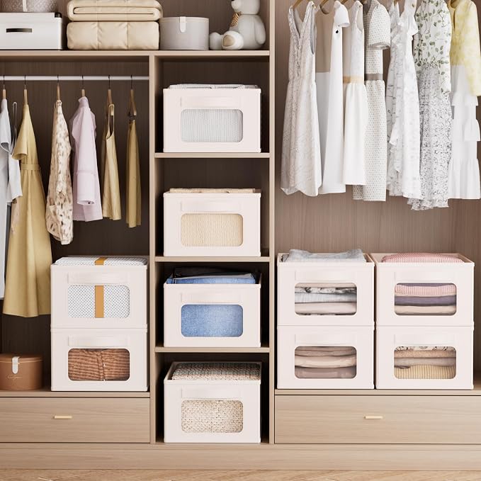 Linen Closet Organizers and Storage 8 Packs-Fabric Storage Bins with Clear Windows,Closet Baskets for Organizing Clothes, Pants, Towels