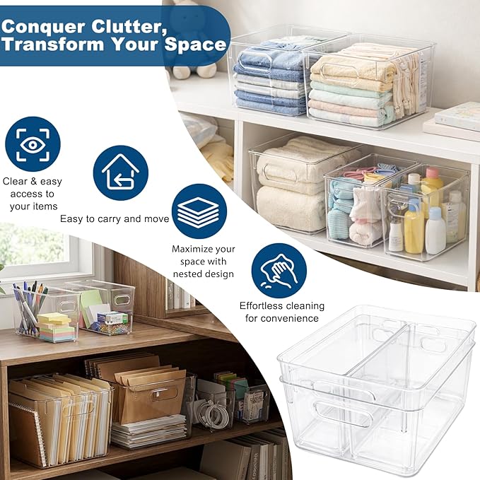 MOONEDGE 10 Pack Clear Plastic Storage Organizer Bins, 4 Large & 6 Narrow | Under-Sink Storage Containers, Kitchen, Pantry, Bathroom, Cabinet Organization, Clear Bins for Organizing, Deep Narrow Bins
