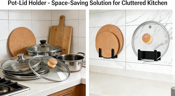 2 Pack Black Stainless Steel Wall Mounted Cutting Board Holder, Punch-Free Adhesive Pot Lid Organizer, Multifunctional Kitchen Storage Rack, Rustproof Heavy Duty